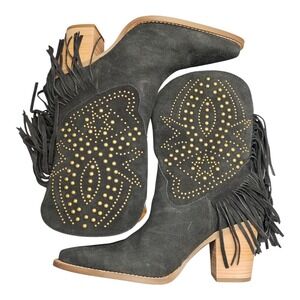 Dingo Star Power Western Boots Womens US 9M Black Leather Fringe Studded DI2357